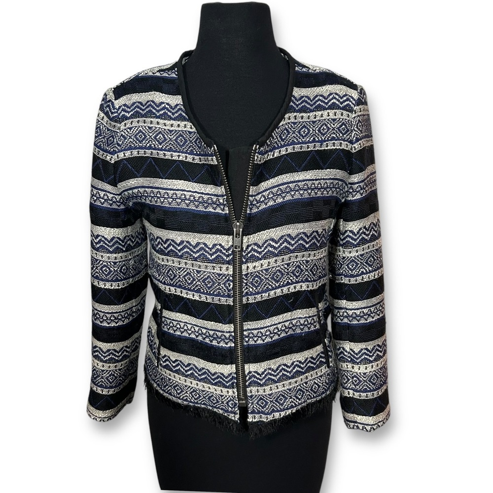 Ann Taylor LOFT Jacket Blazer‎ Fringe Trim Aztec Blue White Black Size Womens 4